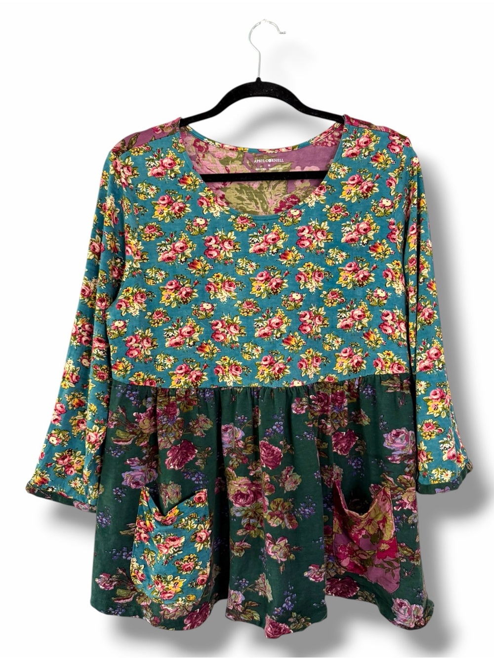 April Cornell Teal and Forest Green Rose Floral Patchwork Top Cottagecore Medium